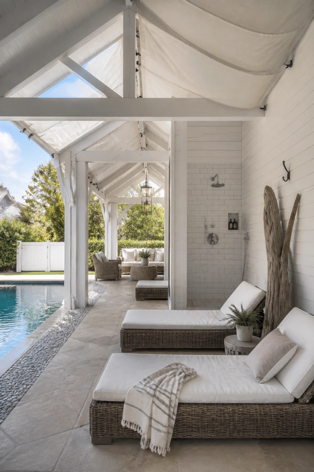 24 Inspiring Permanent Pool Shade Ideas Built for Long-Term Sun Protection White patio with wicker lounge chairs beside pool and outdoor shower
