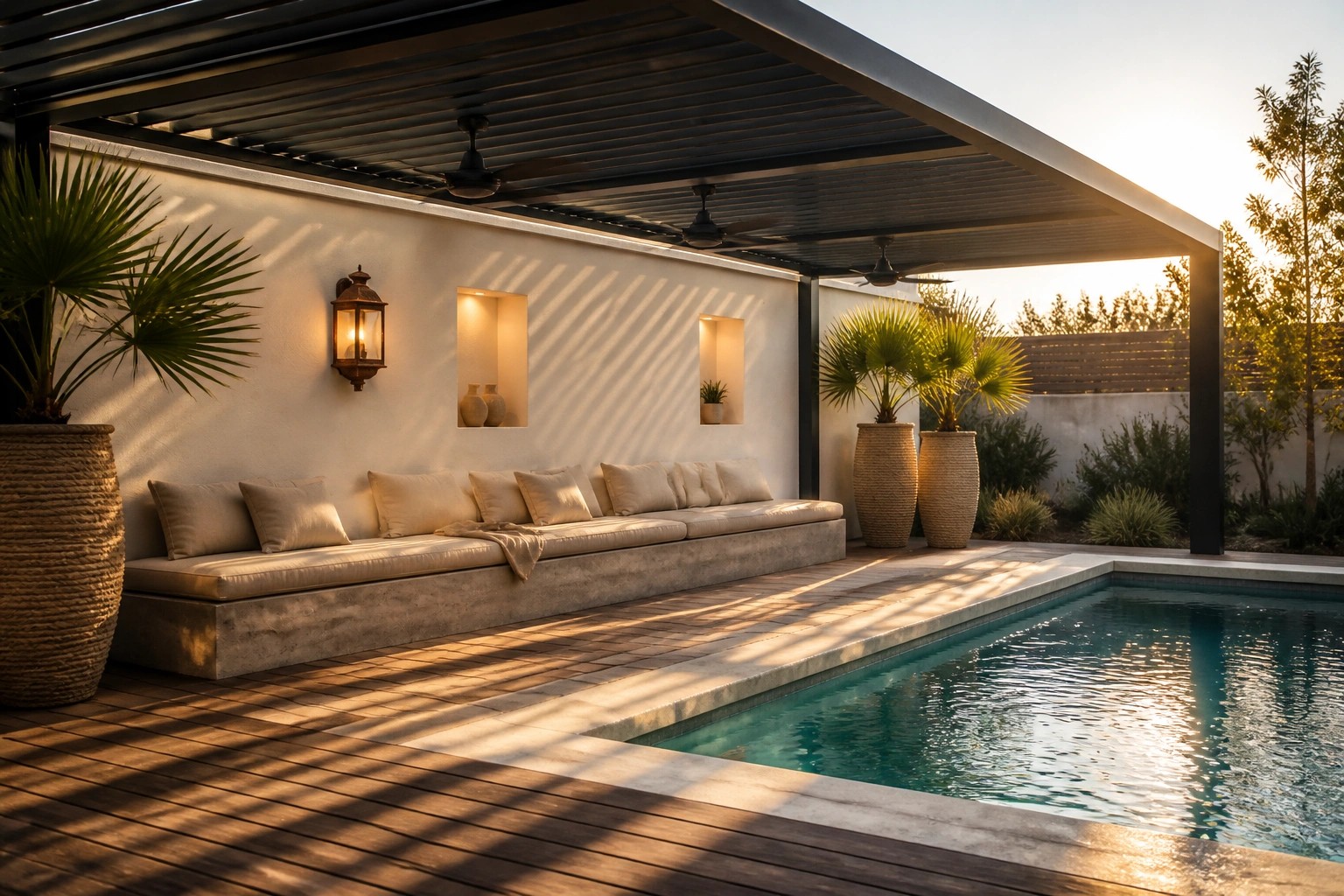 A covered poolside patio with a dark slatted roof, built-in bench seating with cushions along a white wall, potted palm plants, and a long rectangular pool with blue water.