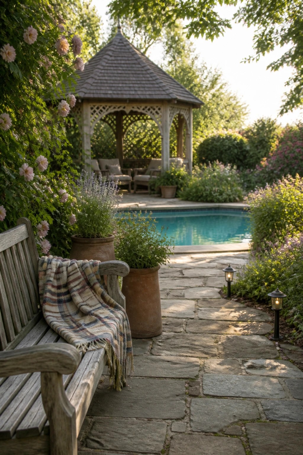 24 Inspiring Permanent Pool Shade Ideas Built for Long-Term Sun Protection A stone path leads past potted plants and a wooden bench to a swimming pool with a gazebo structure beside it.