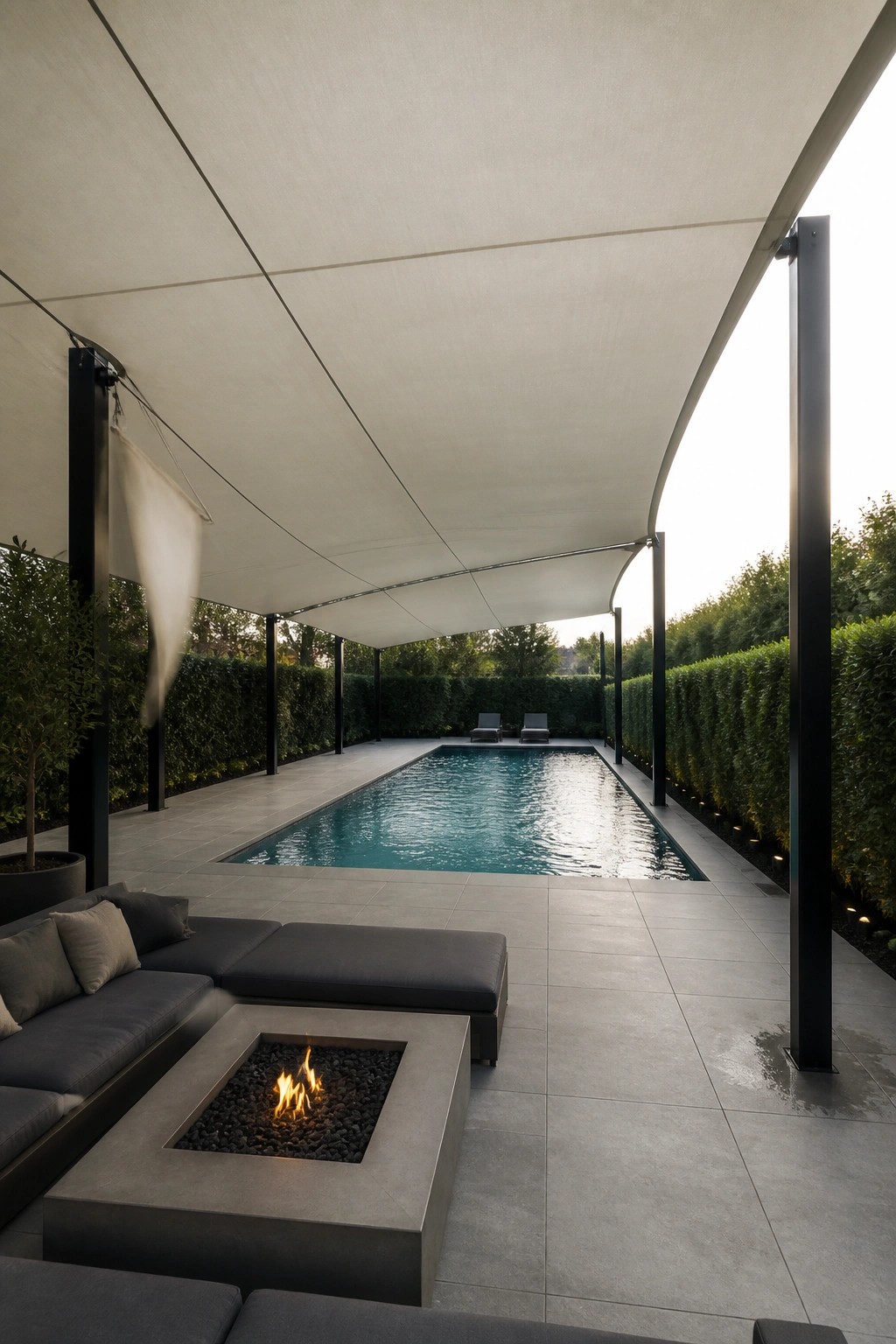24 Inspiring Permanent Pool Shade Ideas Built for Long-Term Sun Protection A rectangular pool under a large white fabric canopy with dark outdoor seating and a fire pit in the foreground.
