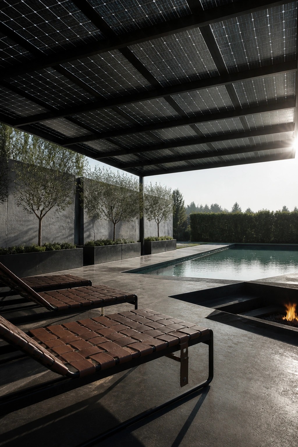 24 Inspiring Permanent Pool Shade Ideas Built for Long-Term Sun Protection An outdoor pool deck with woven lounge chairs under a large dark pergola fitted with solar panels, next to a rectangular pool and a fire pit.