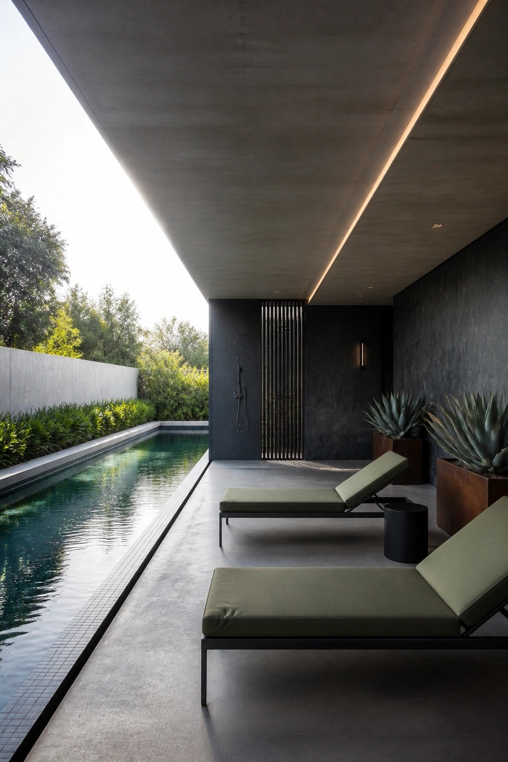 24 Inspiring Permanent Pool Shade Ideas Built for Long-Term Sun Protection An outdoor pool area with green lounge chairs positioned under a large concrete overhang next to a rectangular swimming pool.