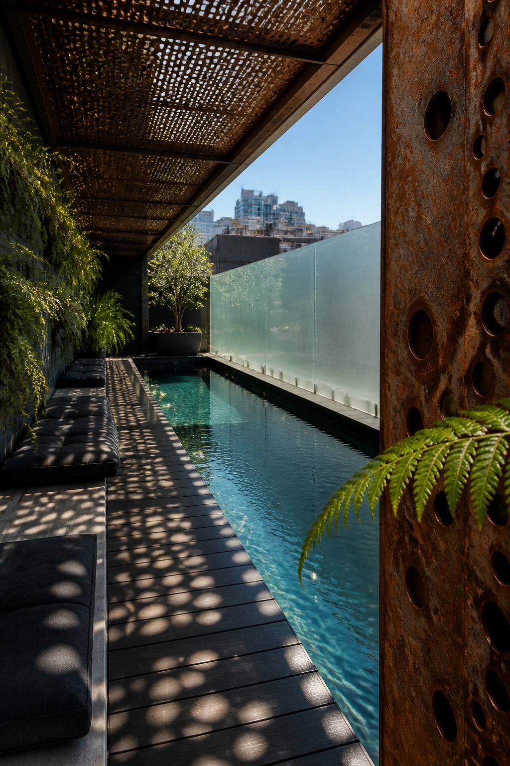 24 Inspiring Permanent Pool Shade Ideas Built for Long-Term Sun Protection A narrow outdoor lap pool with dark wood decking, black cushions along one wall, green plants, a glass barrier, and a perforated metal lattice ceiling, next to a rusted metal panel with circular cutouts.