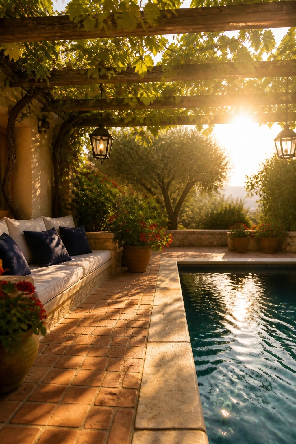 24 Inspiring Permanent Pool Shade Ideas Built for Long-Term Sun Protection A swimming pool next to a brick patio with a vine-covered wooden pergola, a cushioned bench, potted flowers, and two hanging lanterns.