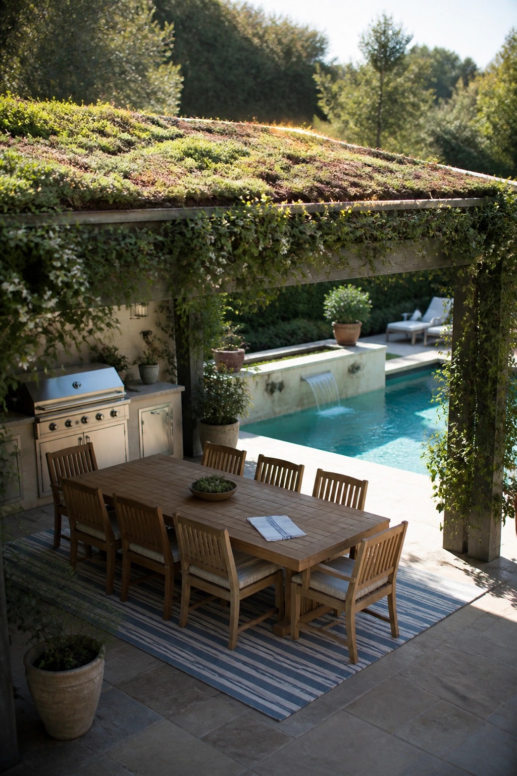 24 Inspiring Permanent Pool Shade Ideas Built for Long-Term Sun Protection An outdoor wooden dining table sits under a wooden pergola covered in green plants, next to a swimming pool with a small waterfall feature.