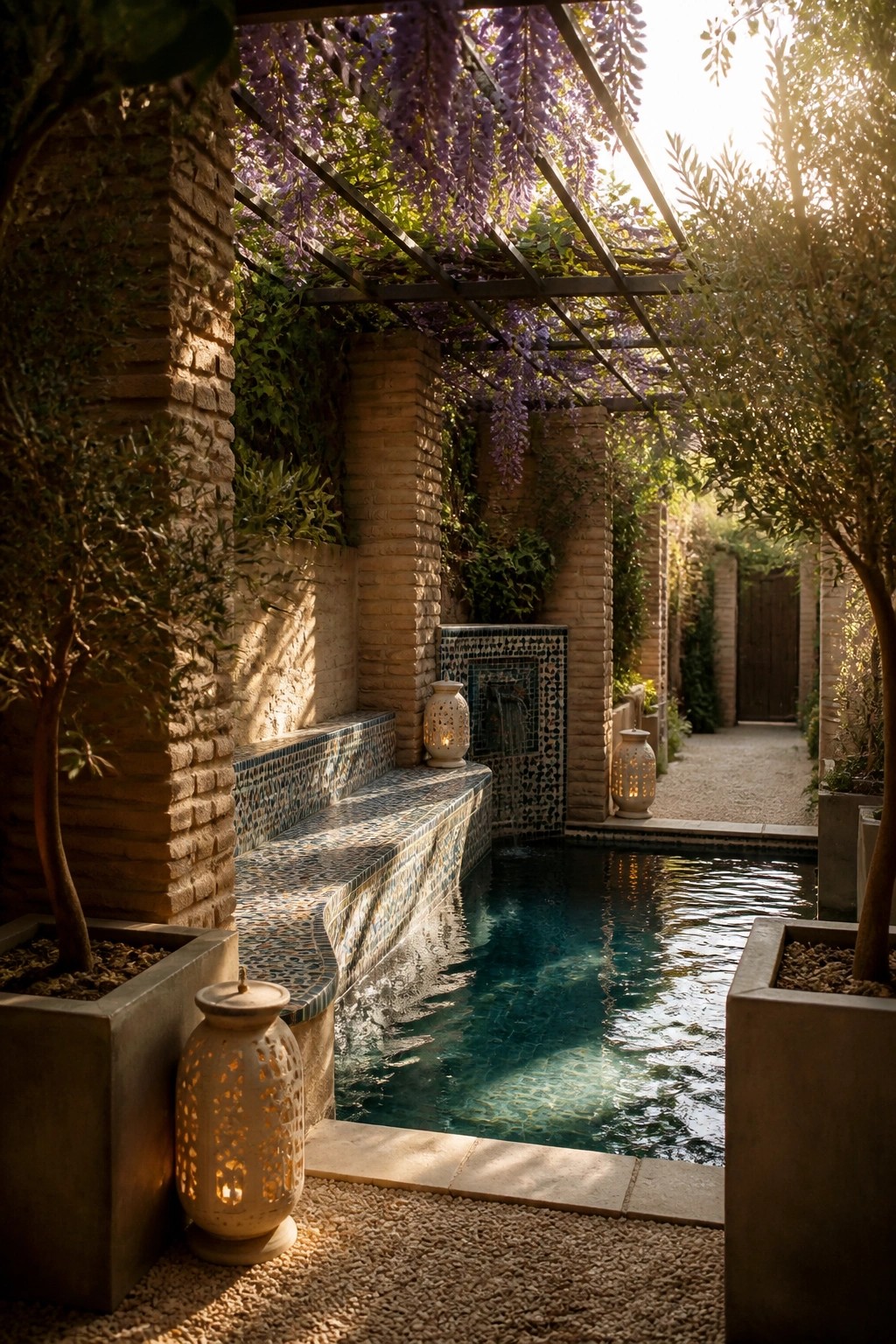 24 Inspiring Permanent Pool Shade Ideas Built for Long-Term Sun Protection A long rectangular pool under a metal pergola covered in blooming purple wisteria, with brick pillars, tiled benches, and lanterns along the edge.