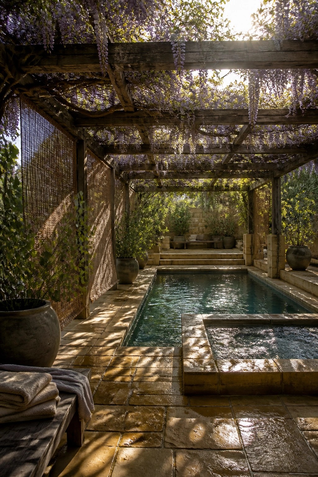 24 Inspiring Permanent Pool Shade Ideas Built for Long-Term Sun Protection A rectangular swimming pool under a wooden pergola covered in hanging purple wisteria vines, surrounded by stone paving and large potted plants.