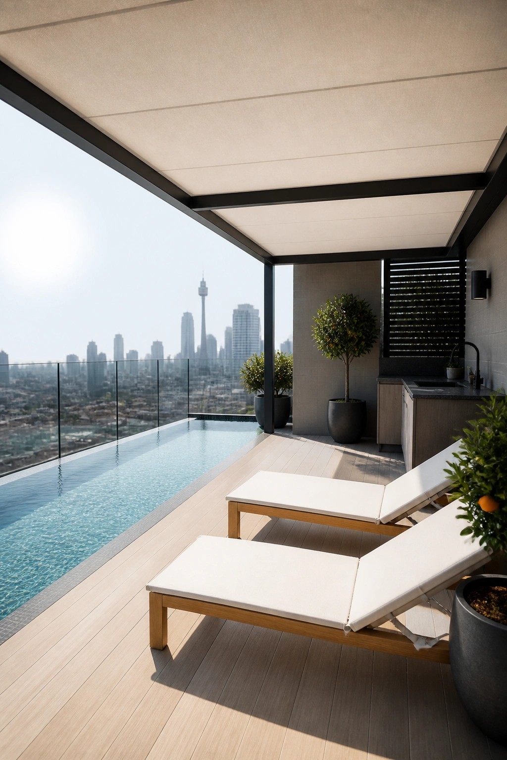24 Inspiring Permanent Pool Shade Ideas Built for Long-Term Sun Protection A modern rooftop terrace with white lounge chairs on wood decking, an infinity pool, potted plants, and a fixed overhead canopy providing shade over the seating area.