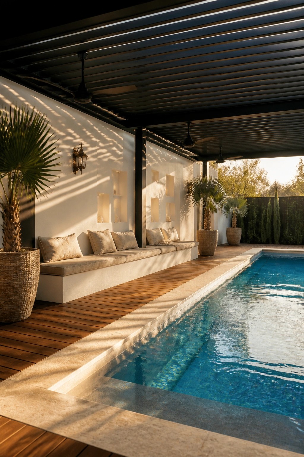24 Inspiring Permanent Pool Shade Ideas Built for Long-Term Sun Protection A covered poolside patio with a dark slatted roof, built-in bench seating with cushions along a white wall, potted palm plants, and a long rectangular pool with blue water.