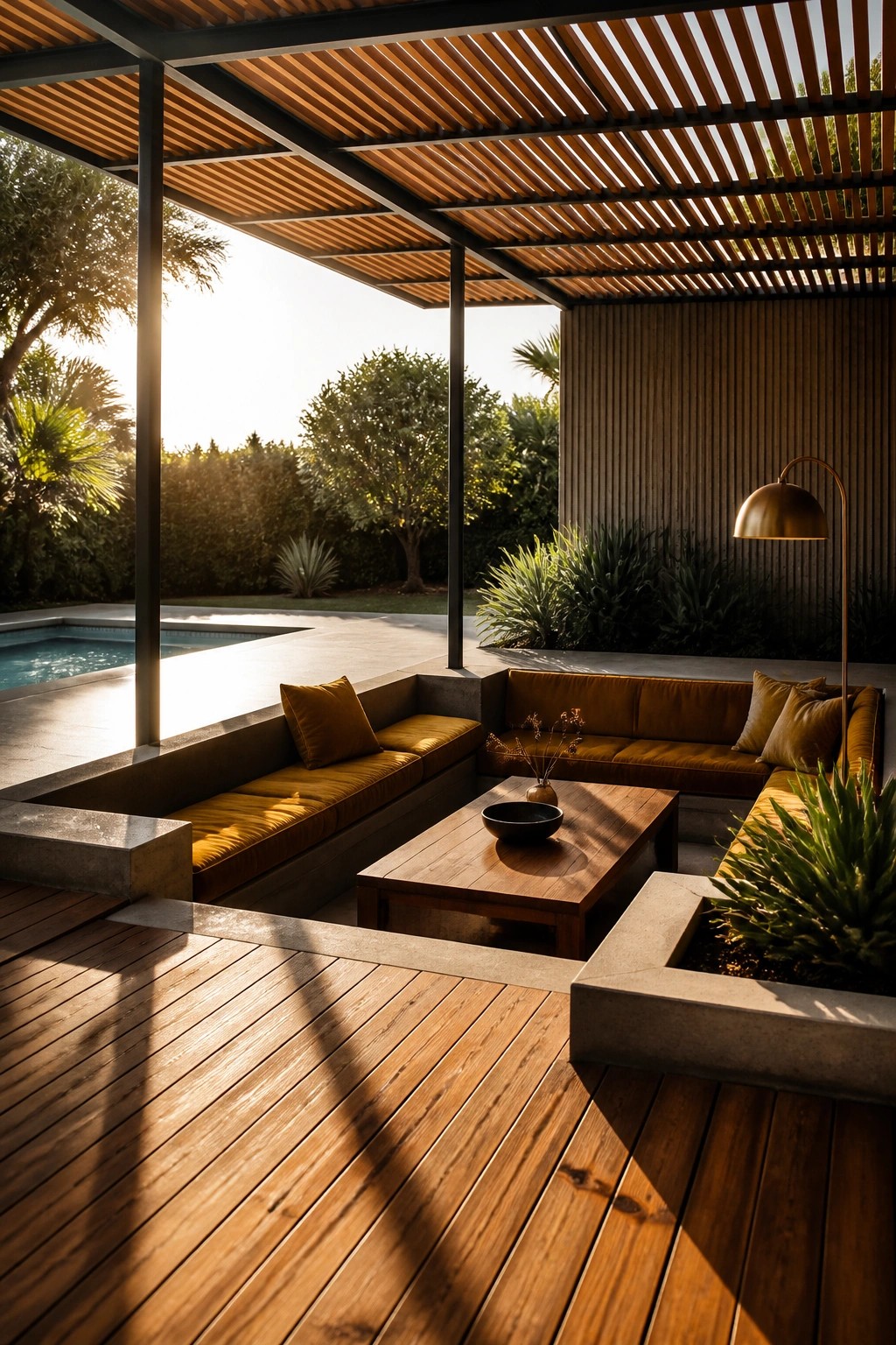 24 Inspiring Permanent Pool Shade Ideas Built for Long-Term Sun Protection Modern patio with yellow cushioned seating, wooden table, lamp, and pool at sunset