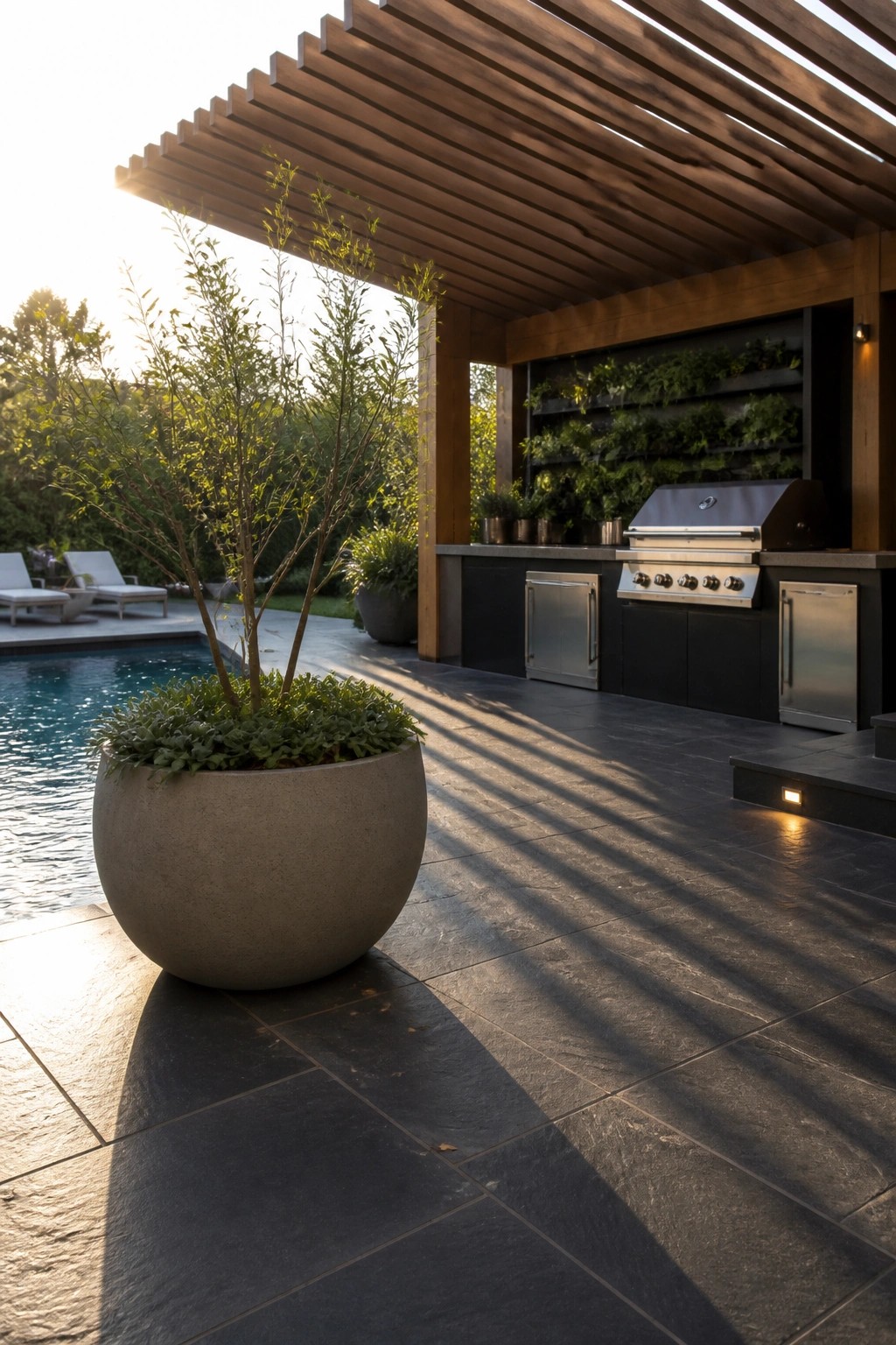24 Inspiring Permanent Pool Shade Ideas Built for Long-Term Sun Protection Outdoor kitchen with stainless steel grill and black cabinets under a wooden slatted pergola next to a swimming pool, with a large round concrete planter in the foreground.