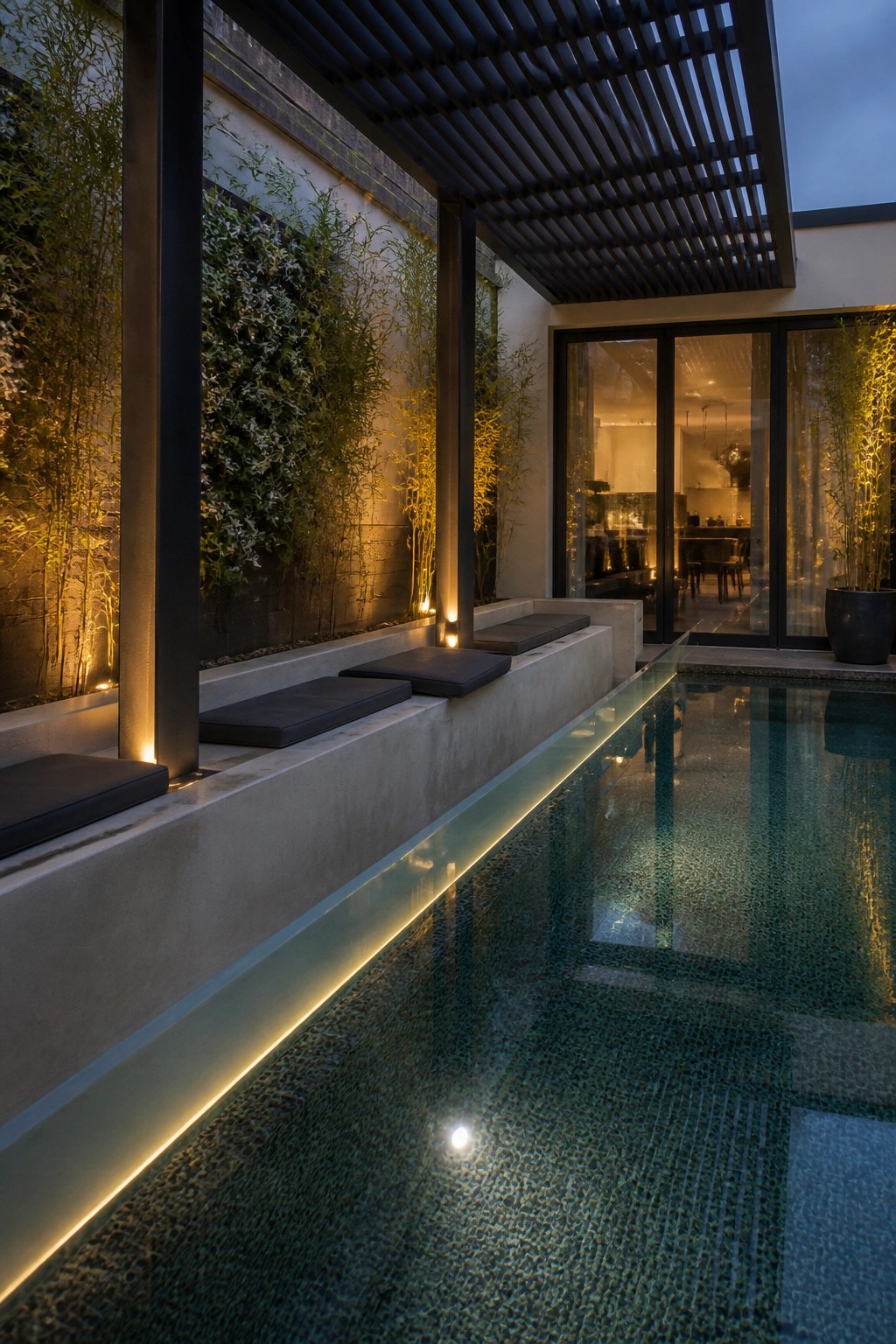 24 Inspiring Permanent Pool Shade Ideas Built for Long-Term Sun Protection Modern outdoor pool with a dark slatted roof overhead, built-in seating along the edge, and vertical plant walls illuminated at dusk.