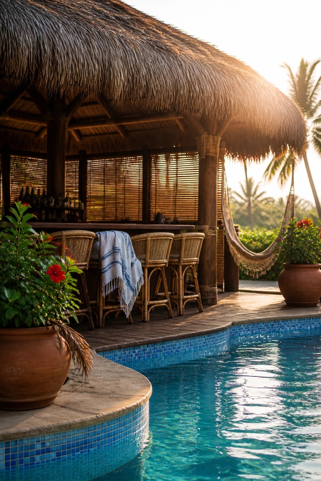24 Inspiring Permanent Pool Shade Ideas Built for Long-Term Sun Protection A thatched roof covers a wooden bar with wicker stools beside a swimming pool, surrounded by potted plants.