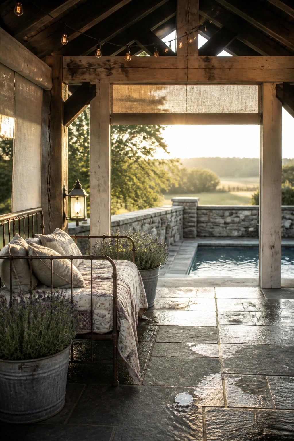 24 Inspiring Permanent Pool Shade Ideas Built for Long-Term Sun Protection A rustic wooden pavilion with exposed beams and a partial fabric shade covers a stone patio furnished with a metal daybed and potted lavender, opening to a swimming pool and countryside view.