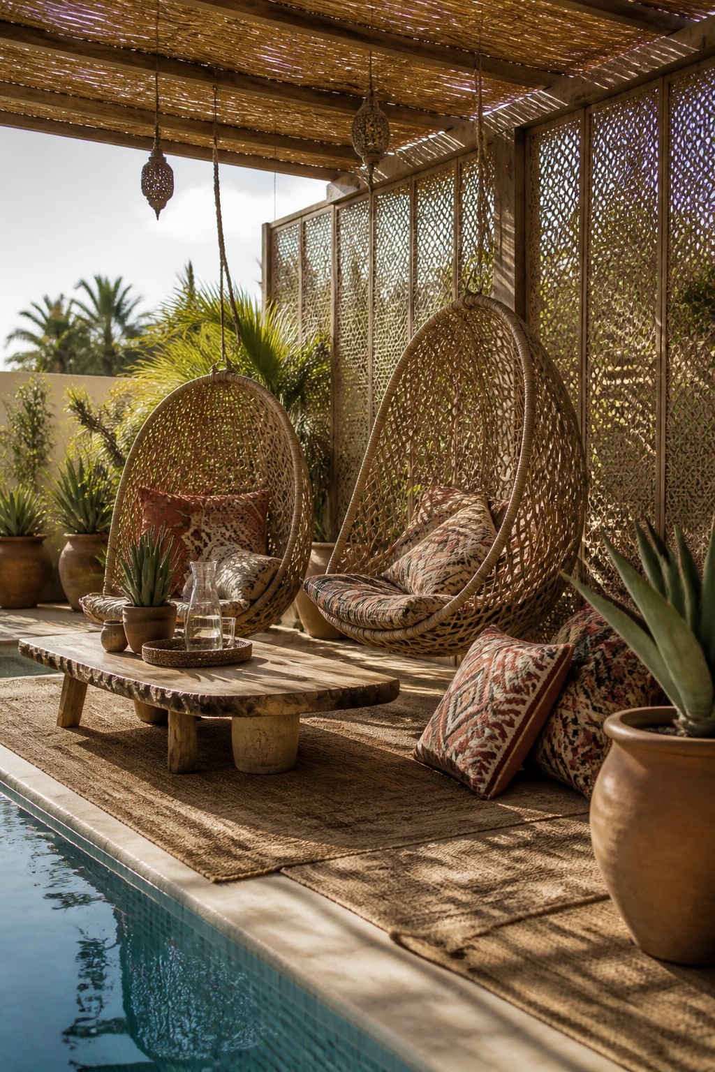 24 Inspiring Permanent Pool Shade Ideas Built for Long-Term Sun Protection Two hanging rattan chairs by pool with wooden table and potted plants