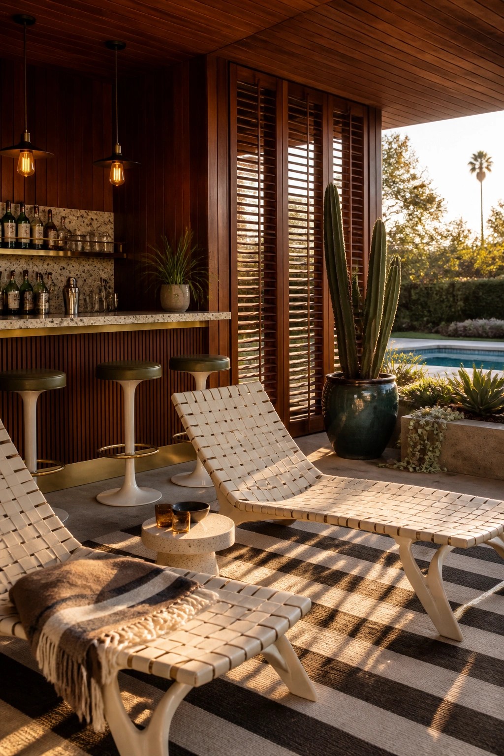 25 Modern Pool Cabana Ideas in Clean Lines, Wood Accents, and Open-Air Designs An outdoor poolside cabana with a built-in bar, woven lounge chairs on a striped rug, wooden shutters, and potted plants near a swimming pool.