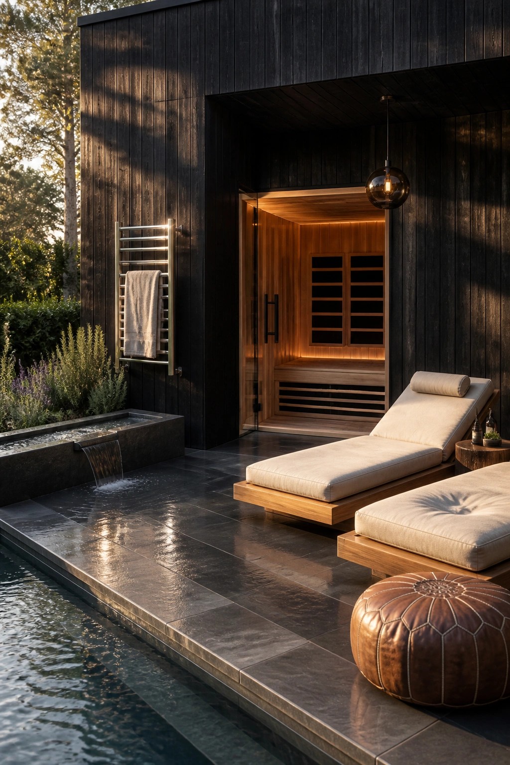 25 Modern Pool Cabana Ideas in Clean Lines, Wood Accents, and Open-Air Designs Modern outdoor pool area with dark wood cabana, open sauna interior, two lounge chairs on a stone deck, and a small water feature.