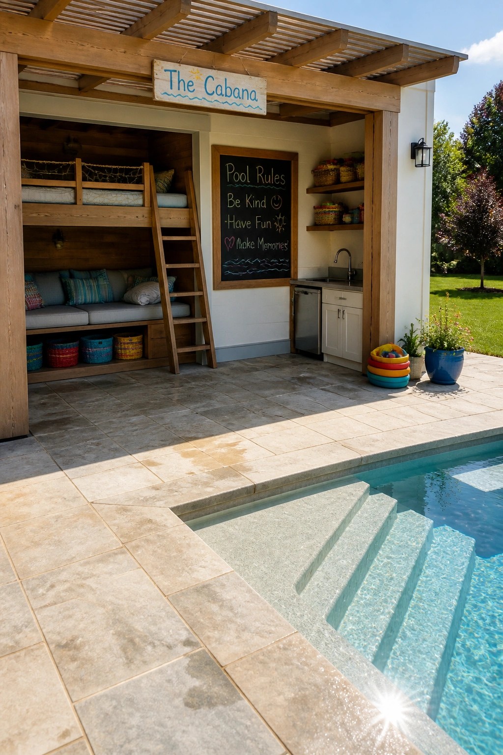 25 Modern Pool Cabana Ideas in Clean Lines, Wood Accents, and Open-Air Designs Poolside wooden cabana with bunk beds, chalkboard, kitchenette, and swimming pool.