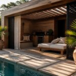 Modern wooden pool cabana with built-in kitchenette, lounge seating, and adjacent pool area.