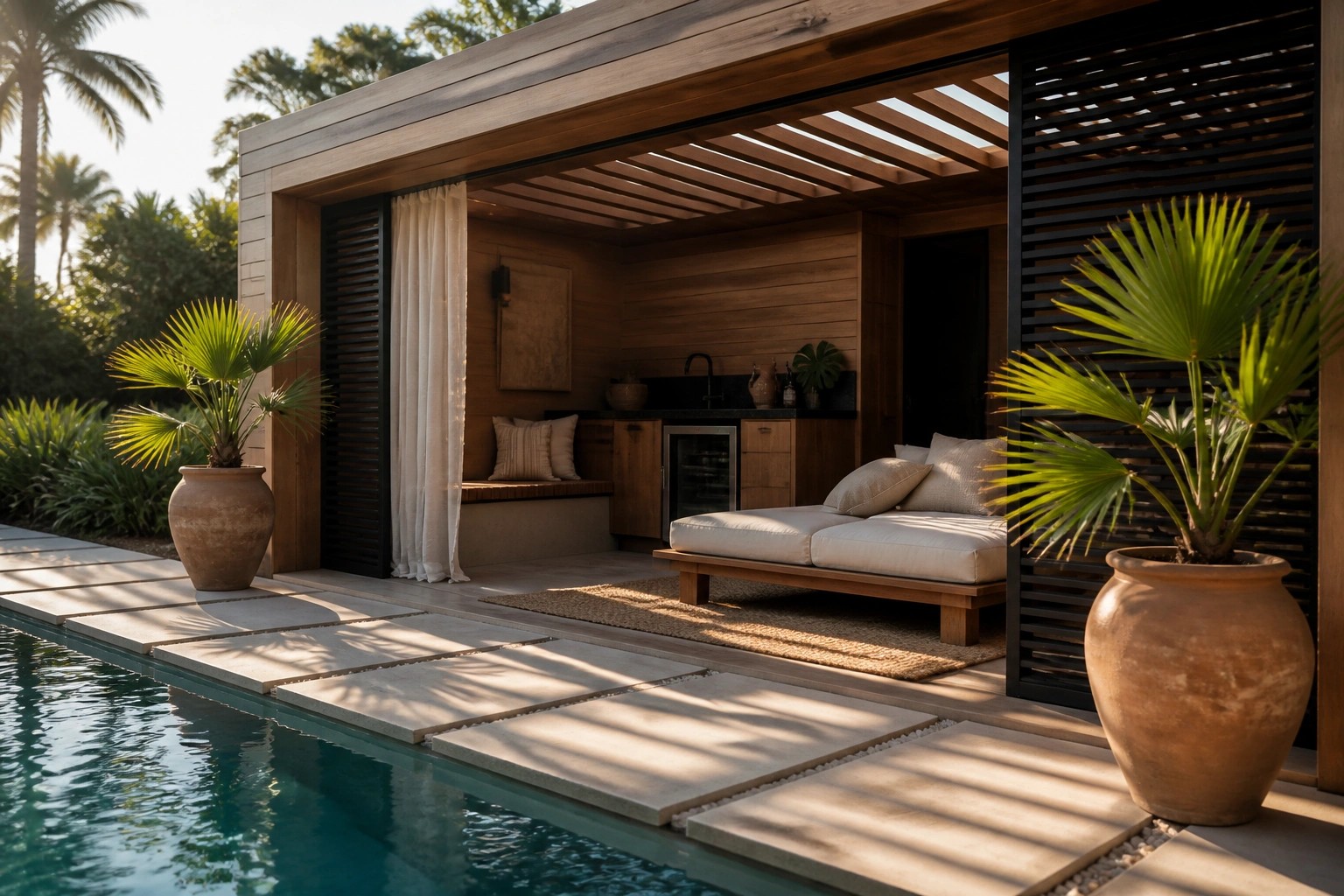 Modern wooden pool cabana with built-in kitchenette, lounge seating, and adjacent pool area.