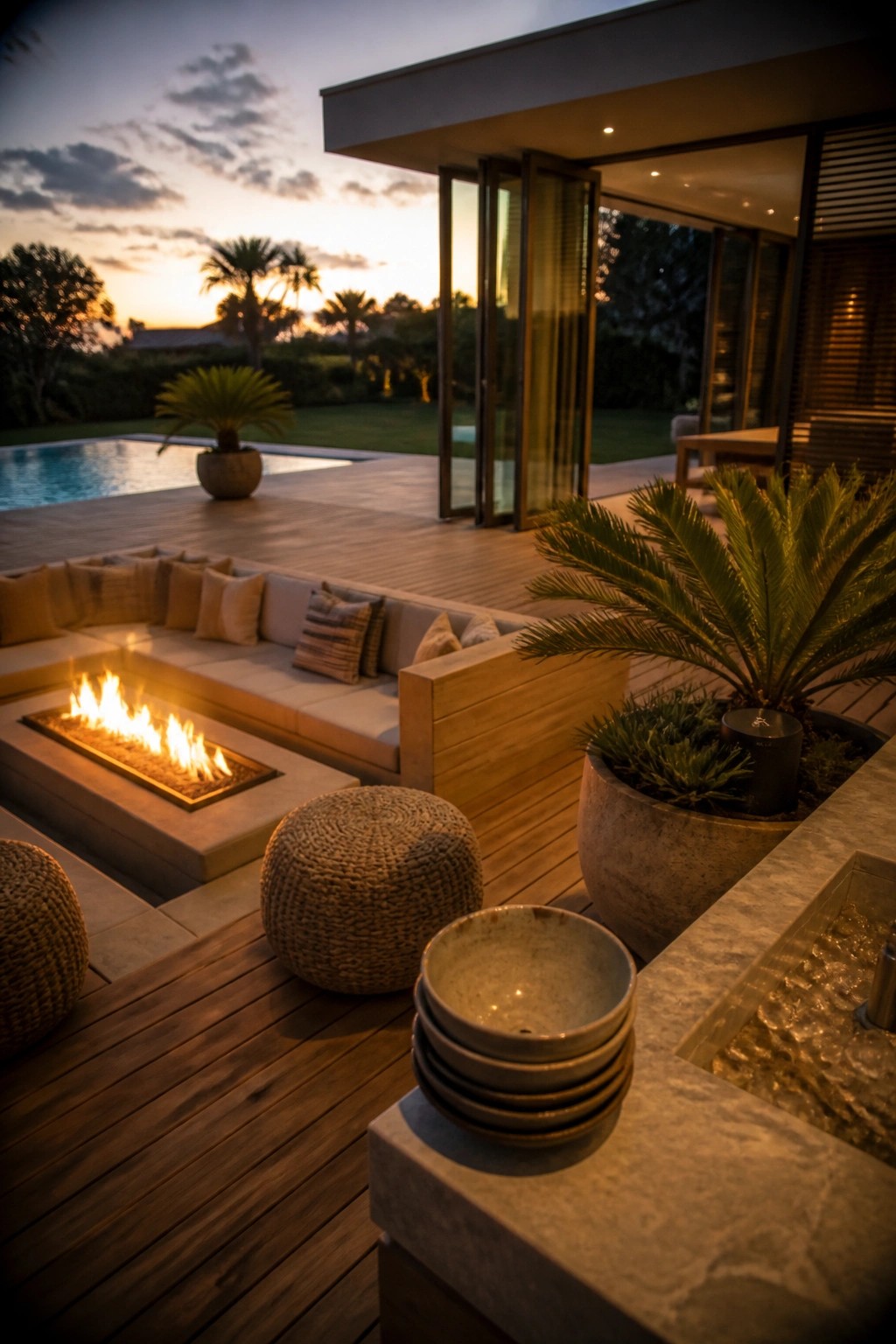 25 Modern Pool Cabana Ideas in Clean Lines, Wood Accents, and Open-Air Designs Modern wooden deck with built-in rectangular fire pit, L-shaped cushioned seating, potted plants, and a swimming pool visible in the background at dusk.