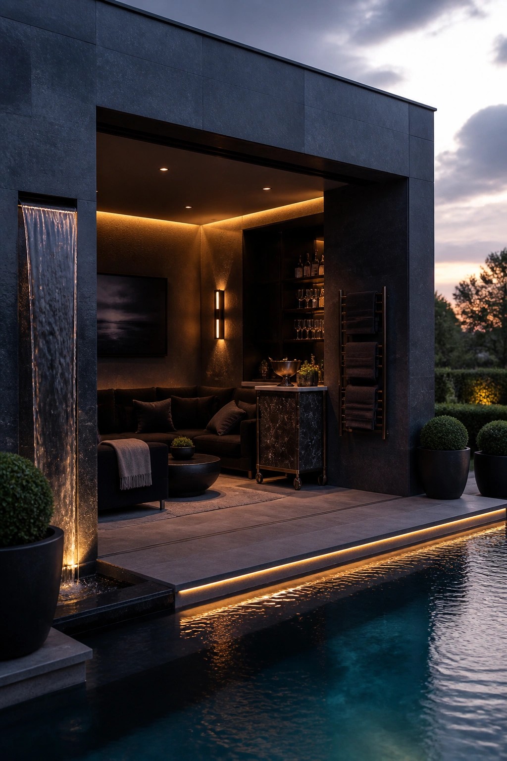 25 Modern Pool Cabana Ideas in Clean Lines, Wood Accents, and Open-Air Designs Modern dark stone pool cabana with sectional seating, bar cart, open shelving, and vertical water feature opening directly onto an illuminated pool at dusk.