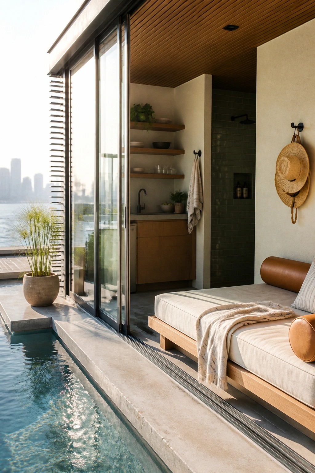 25 Modern Pool Cabana Ideas in Clean Lines, Wood Accents, and Open-Air Designs Modern poolside cabana interior with open sliding glass doors, wooden daybed, and pool directly outside.