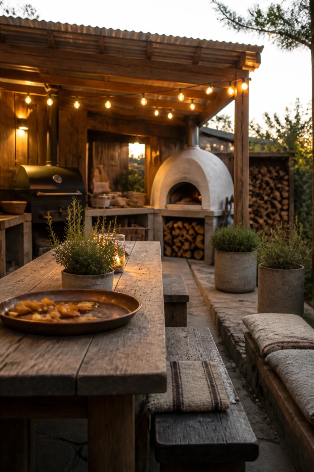 25 Modern Pool Cabana Ideas in Clean Lines, Wood Accents, and Open-Air Designs An outdoor wooden pergola with string lights over a long dining table, a pizza oven, and potted plants at dusk.