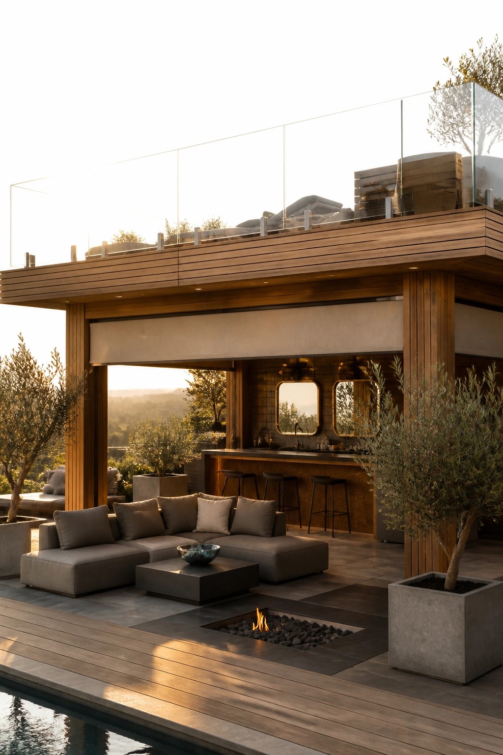 25 Modern Pool Cabana Ideas in Clean Lines, Wood Accents, and Open-Air Designs A modern wooden pool cabana with an integrated bar, lounge seating, fire pit on the deck, and glass railing above.