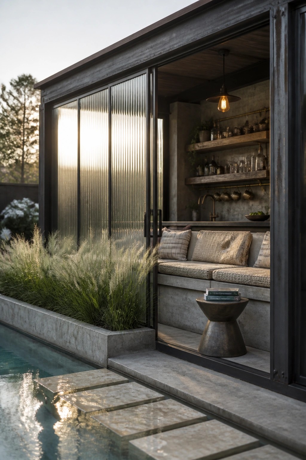 25 Modern Pool Cabana Ideas in Clean Lines, Wood Accents, and Open-Air Designs A modern pool cabana with large sliding doors open to reveal concrete seating and a pool with stepping stones in the foreground.