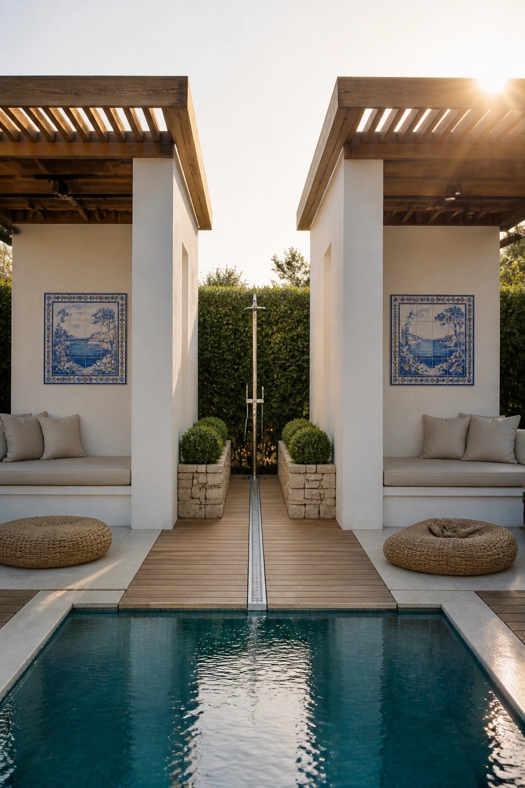 25 Modern Pool Cabana Ideas in Clean Lines, Wood Accents, and Open-Air Designs Two white cabanas with wooden slatted roofs stand on either side of a rectangular pool, each with built-in benches, cushions, and blue patterned tiles, with a metal outdoor shower between them and round woven mats on the deck.