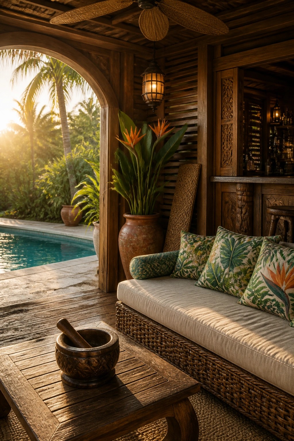 25 Modern Pool Cabana Ideas in Clean Lines, Wood Accents, and Open-Air Designs A wooden pool cabana with a cushioned wicker daybed, potted tropical plants, a wooden coffee table, and an open archway view to a swimming pool.