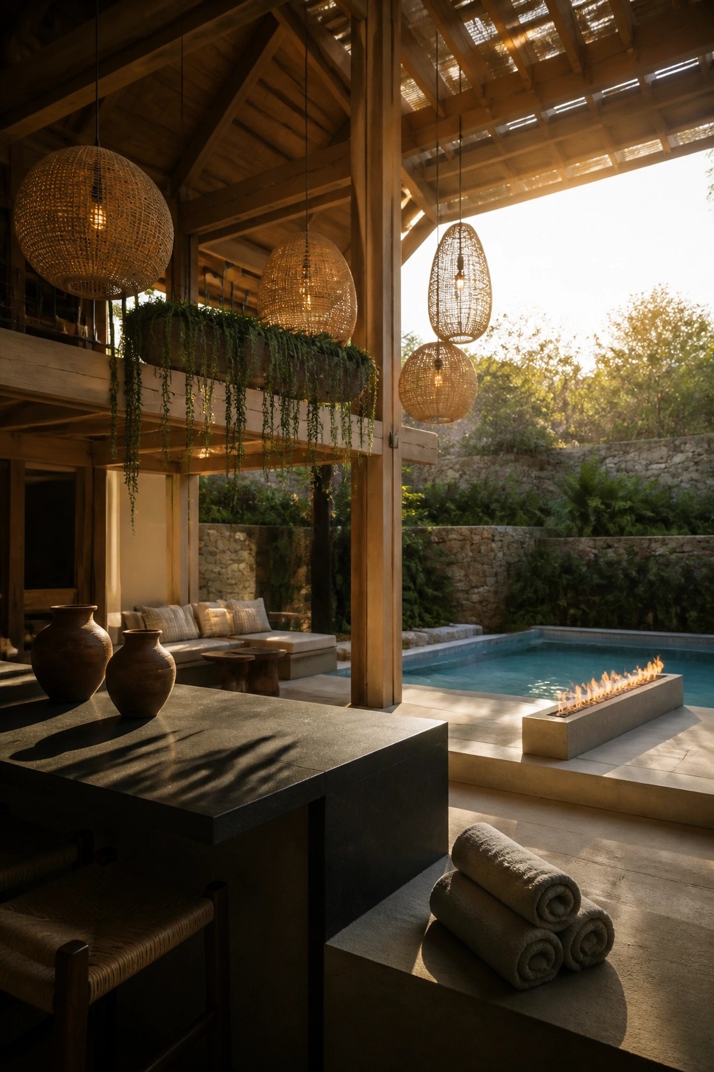 25 Modern Pool Cabana Ideas in Clean Lines, Wood Accents, and Open-Air Designs An outdoor wooden cabana structure with hanging woven pendant lights, built-in seating, two clay pots on a dark counter, rolled towels on a ledge, and a pool with a fire feature beside a stone wall.