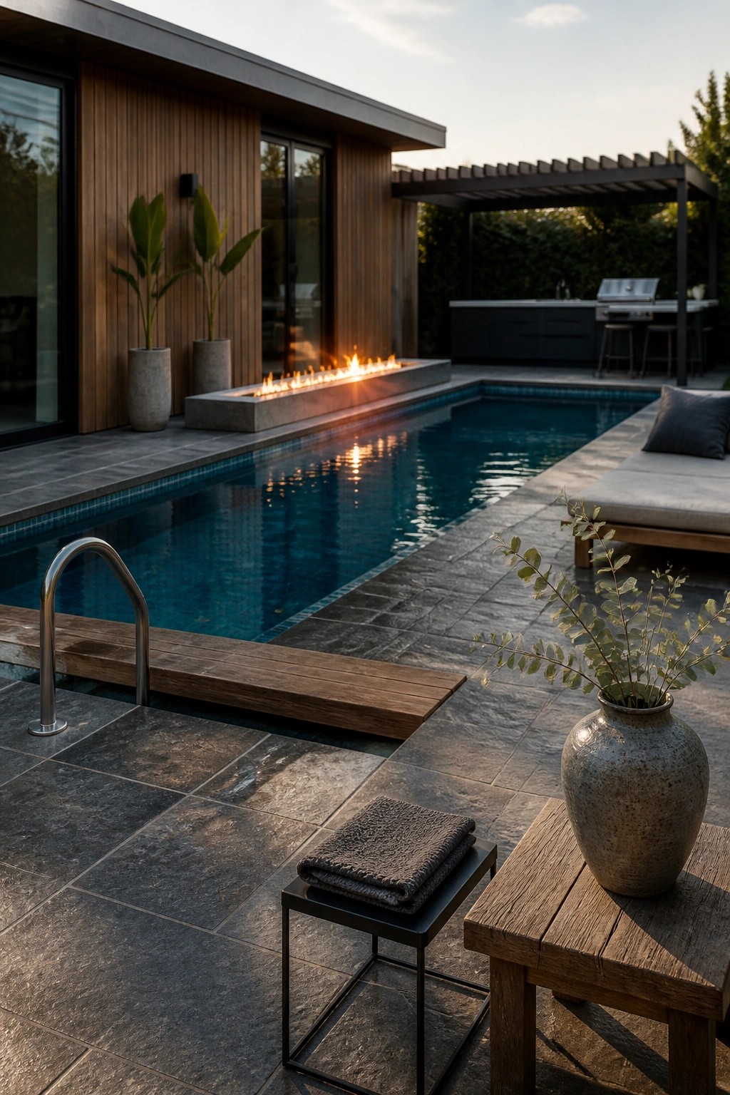 Modern backyard showing a rectangular inground pool with a linear built-in fire feature along one edge, dark stone decking, a wooden lounge area, and an outdoor kitchen under a pergola.