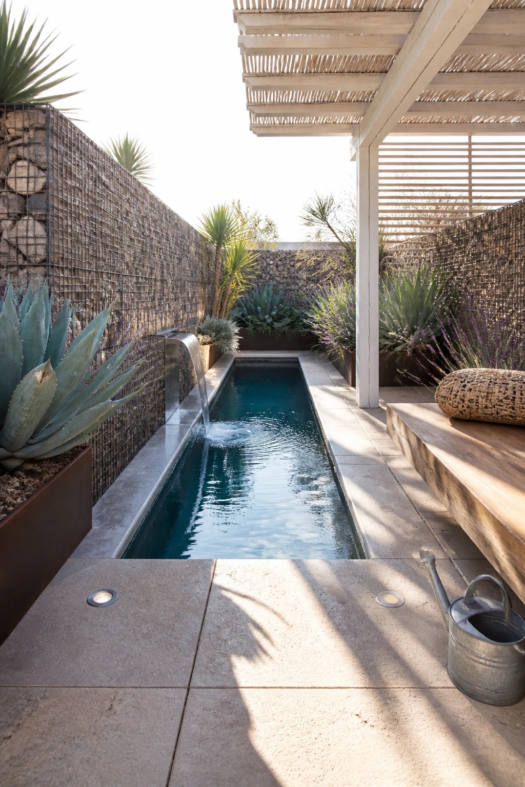 A narrow rectangular inground pool with a metal spout pouring water into it, set between stone walls with plants and a wooden bench nearby.
