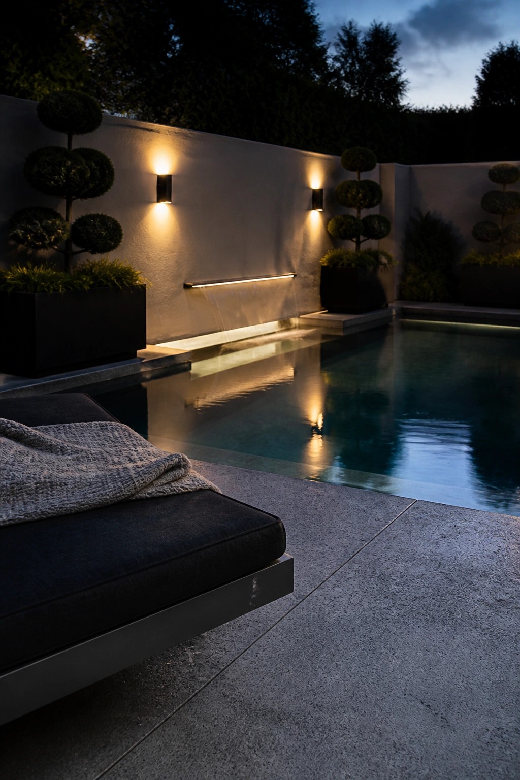Modern poolside at dusk with cascading water feature, lit wall sconces, and lounge chair with blanket.