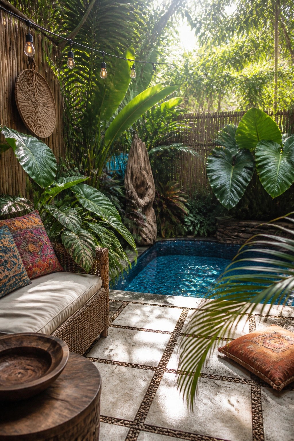 A small rectangular inground pool surrounded by dense tropical plants, a bamboo fence, string lights, and a wicker sofa on a stone patio.
