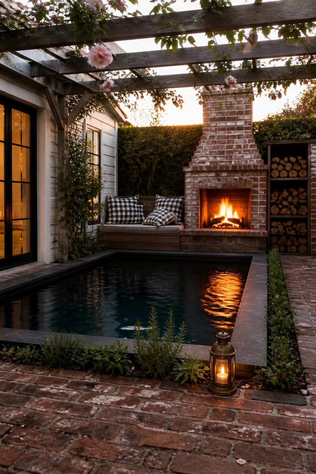 Brick fireplace ablaze by pool under rose-covered pergola at sunset with lantern.