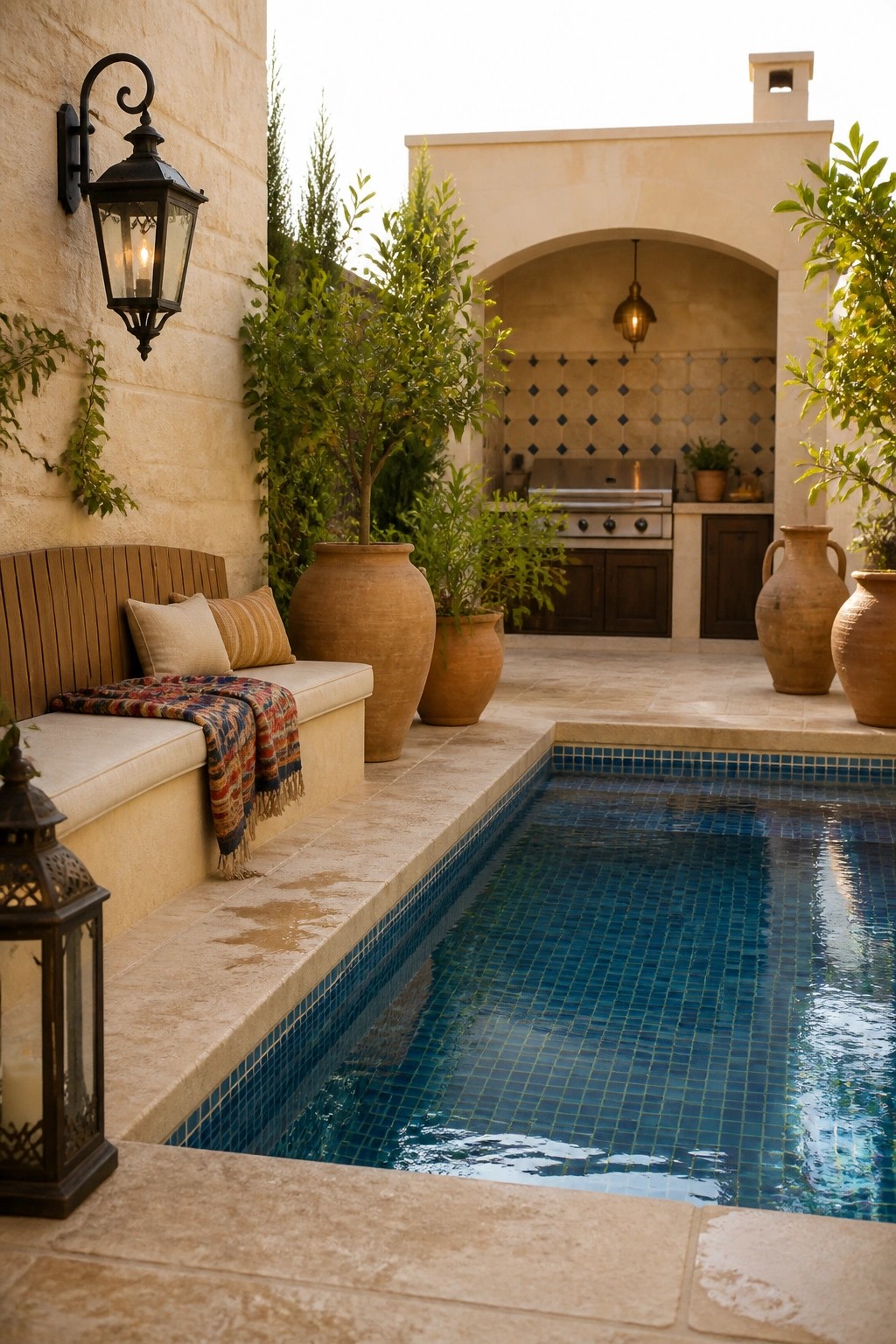 A small rectangular inground pool with blue mosaic tile is bordered by a built-in cushioned bench on a stone patio, with large terracotta pots and an outdoor kitchen visible in the background.