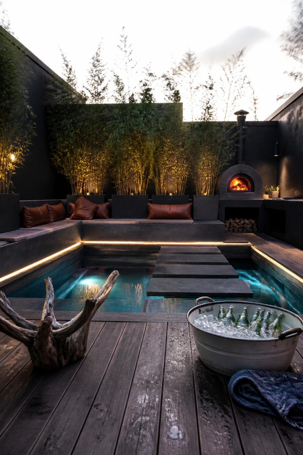 A small rectangular inground pool with dark wood decking, built-in concrete seating with brown cushions, and a lit outdoor oven in the background.