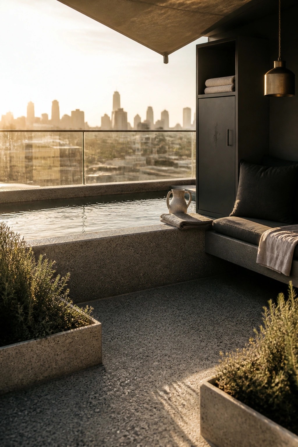 A small rectangular pool on a concrete terrace with an attached bench, dark storage cabinet, potted plants, and a city skyline view.
