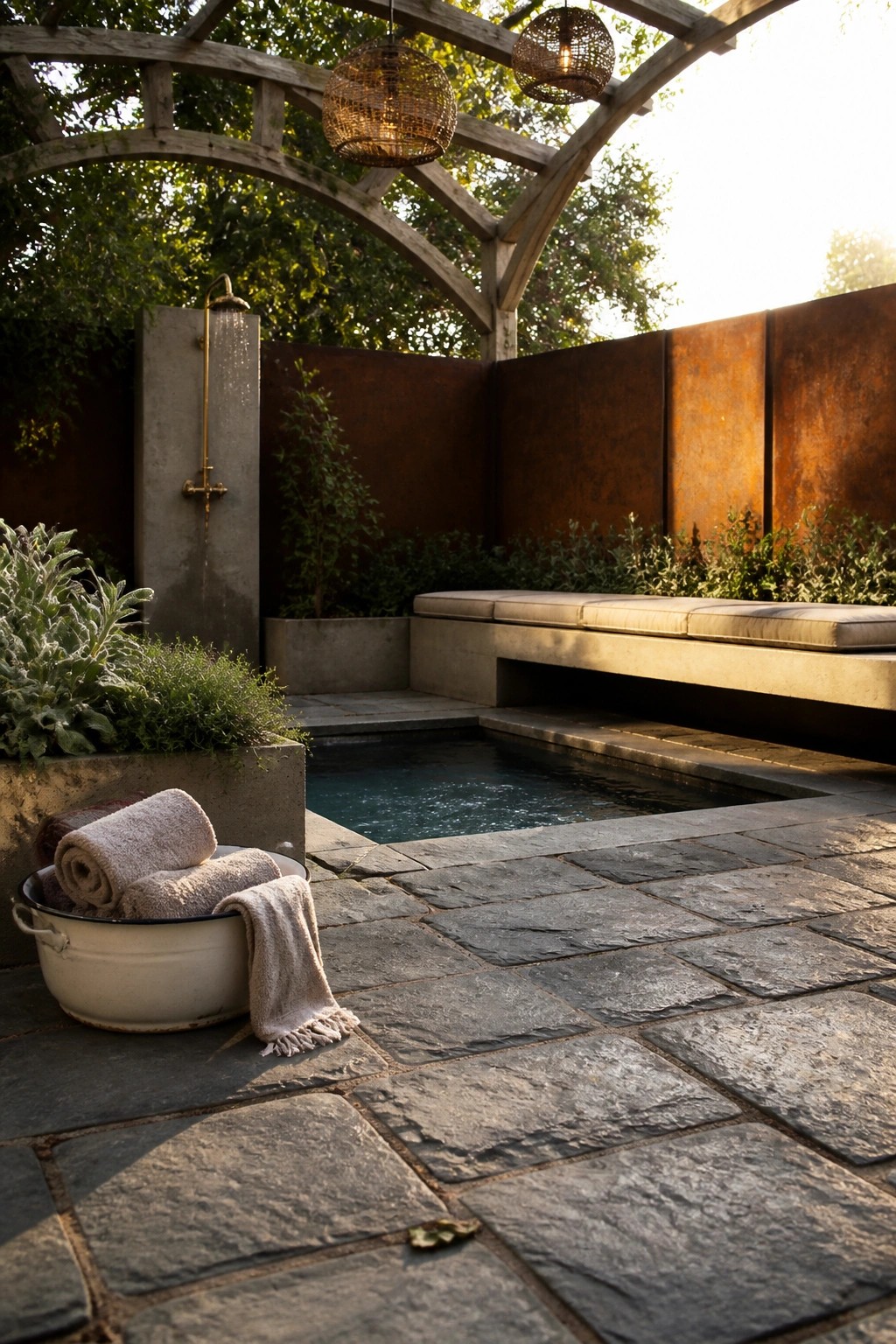 A small rectangular inground pool with a long concrete bench, stone pavers, an outdoor shower on a concrete wall, and hanging woven lights under a wooden pergola.