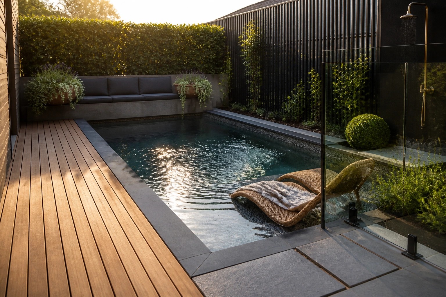 Modern narrow pool with wicker loungers, wooden deck, potted plants, and outdoor shower.