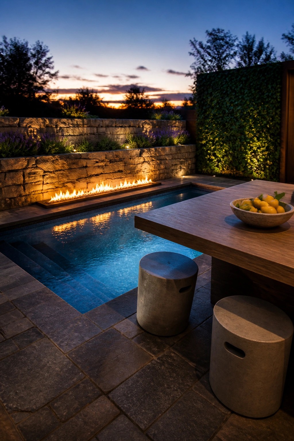 A small rectangular inground pool with blue water sits next to a linear fire feature set into a stone retaining wall, with a wooden table and two concrete stools on the adjacent stone patio at dusk.