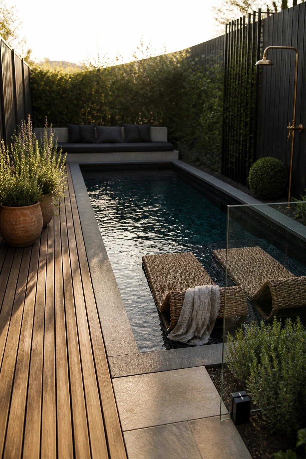 Modern narrow pool with wicker loungers, wooden deck, potted plants, and outdoor shower.