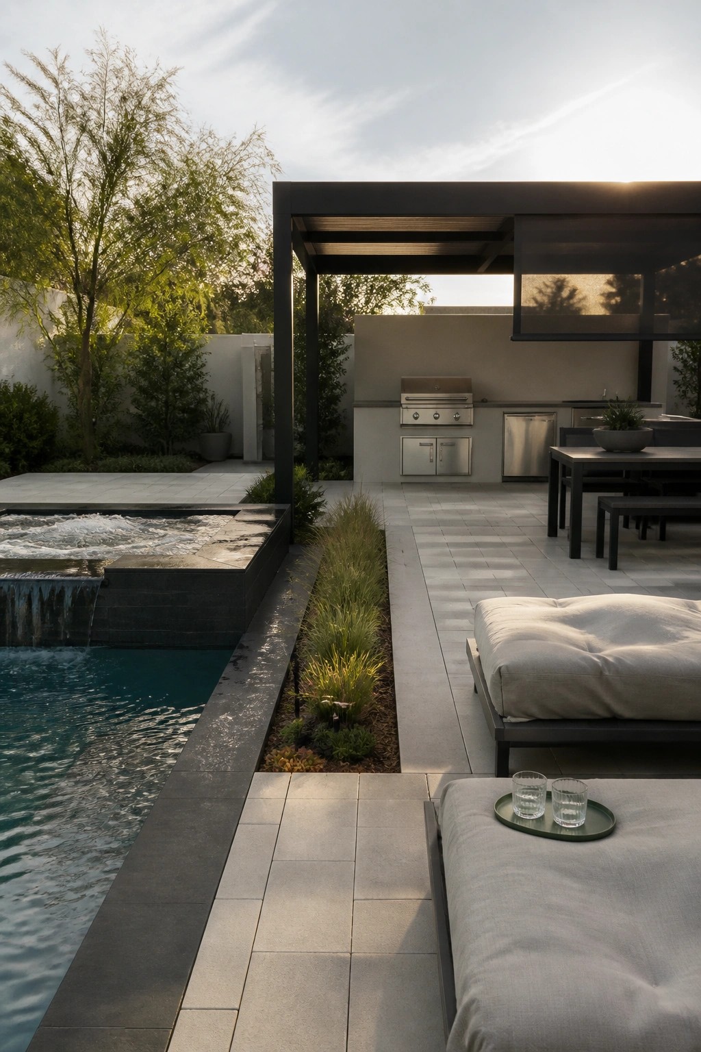 Modern patio with pool, daybeds, outdoor kitchen, and dining area under pergola