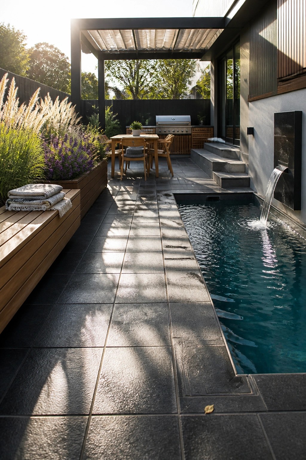 A narrow rectangular pool with a wall-mounted waterfall sits beside a paved patio that includes a wooden dining table under a pergola, a built-in bench with folded towels, and a grill area in the background.