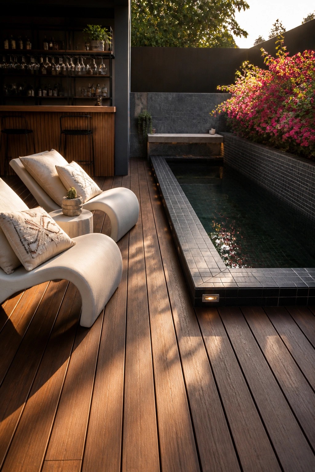 White lounge chairs on wooden deck beside dark tiled pool and bar