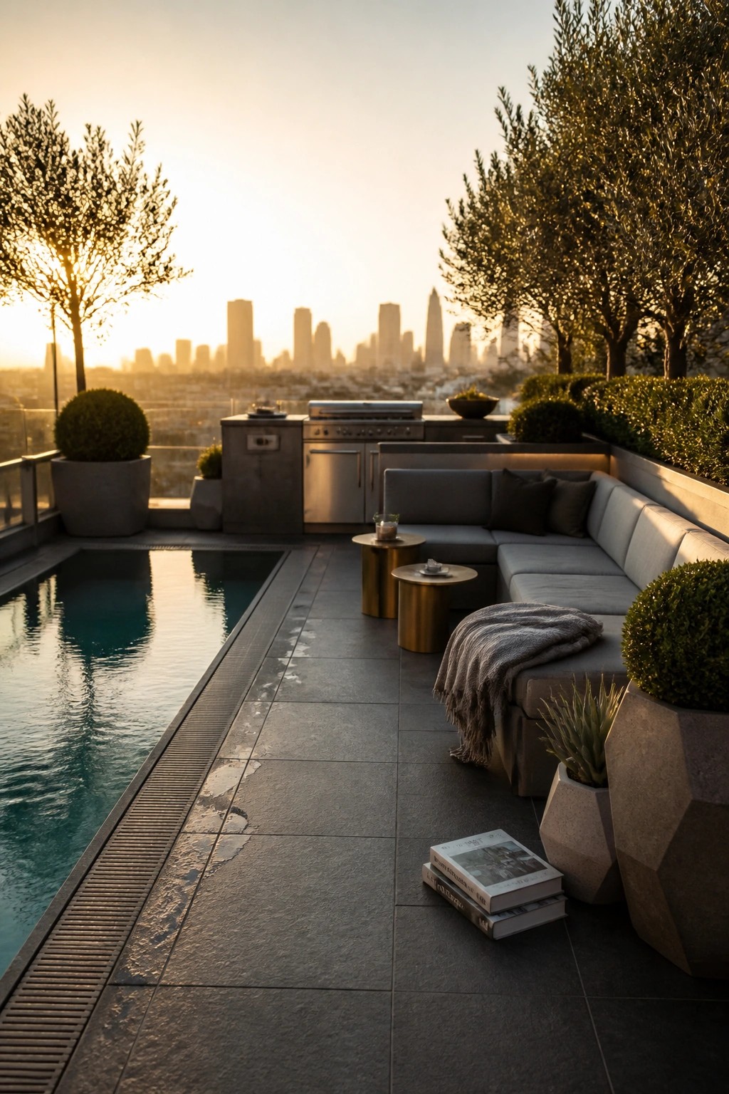 A narrow rectangular inground pool runs along the edge of a dark-tiled rooftop terrace furnished with a large sectional sofa, round side tables, an outdoor kitchen, and several potted plants overlooking a city skyline at sunset.