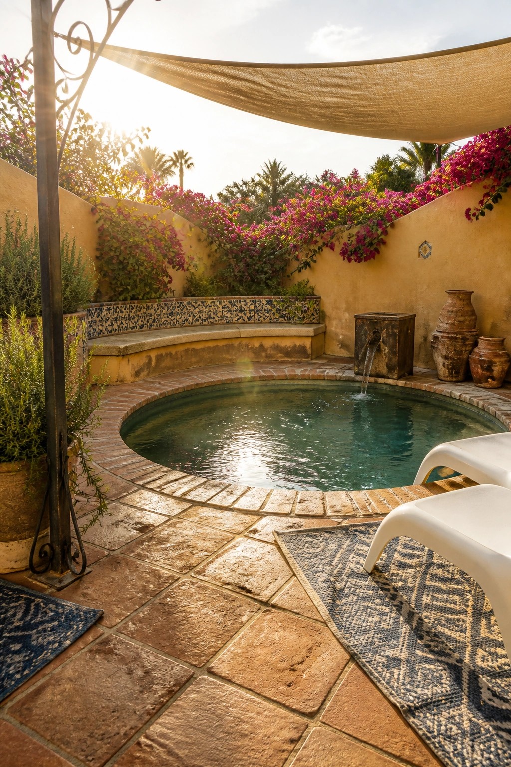 Round pool with fountain on brick patio amid bougainvillea, pots and white chairs at sunset